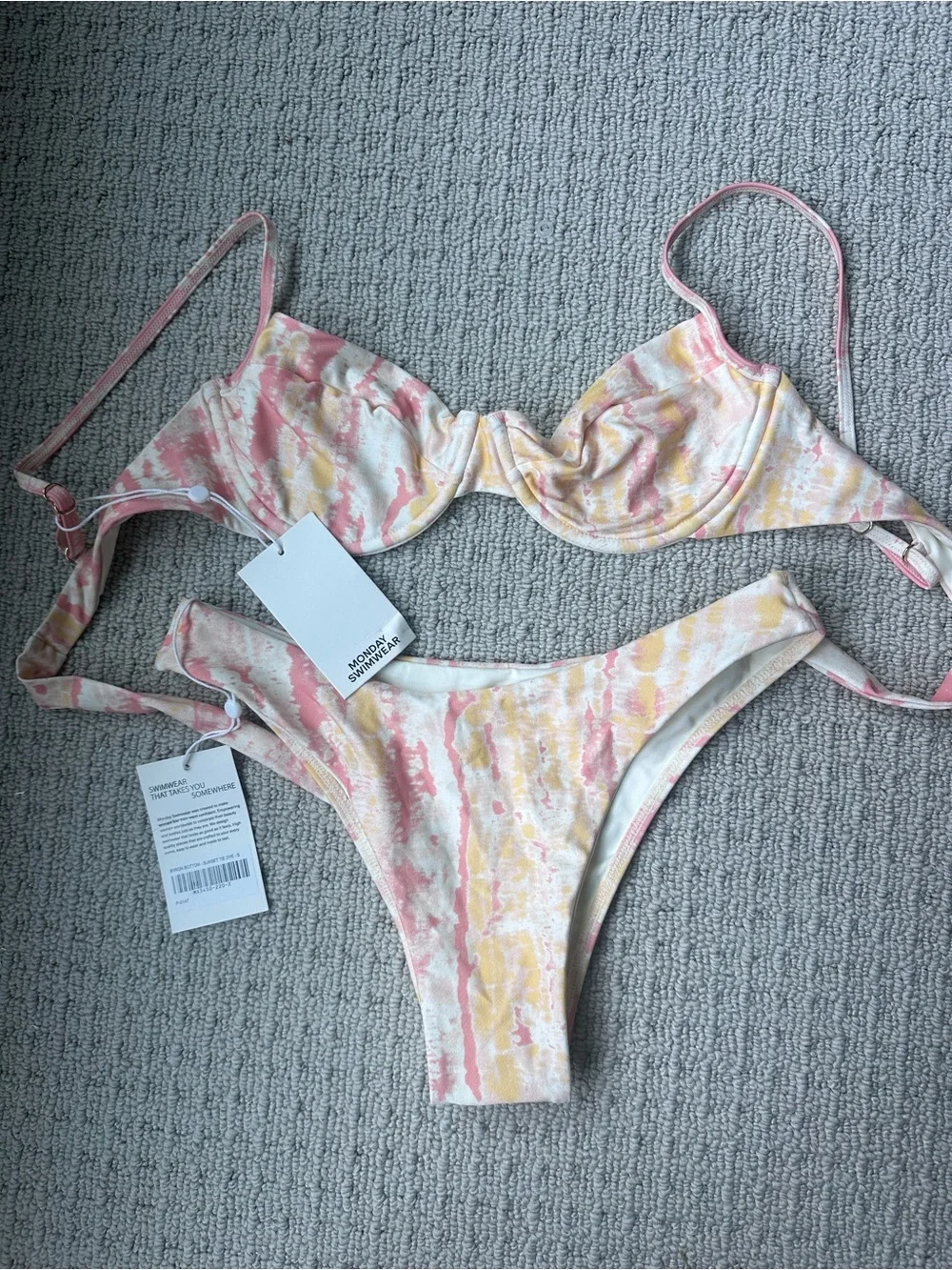 Monday Swimwear Printed Two-Piece Bikini Set in Pink, Yellow & Cream